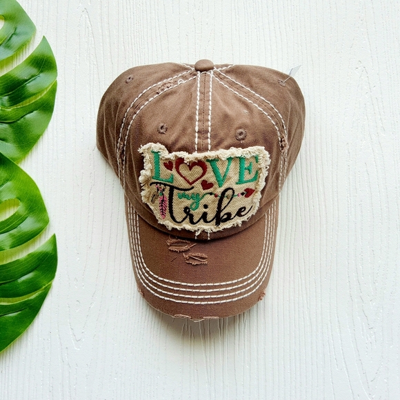Love My Tribe Ball Cap NWT Distressed Light Brown with Cream Stitching One Size - Picture 2 of 4